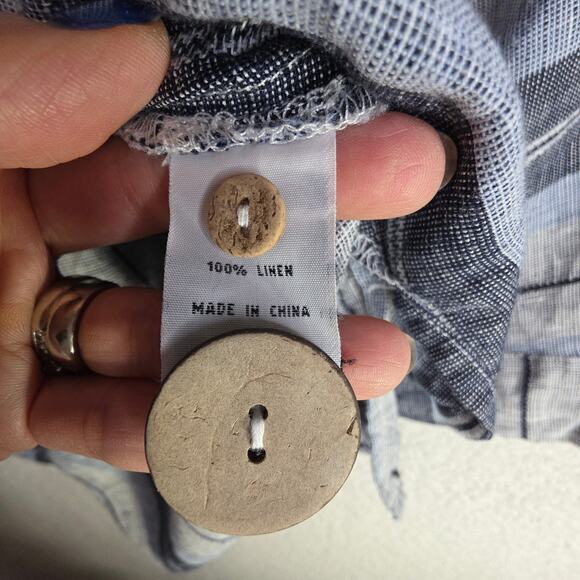 FOIL Sz8 Ws Linen Blue Gray Navy Stripes BigButtons accent Tunic Top Boho Hippie - Picture 9 of 14